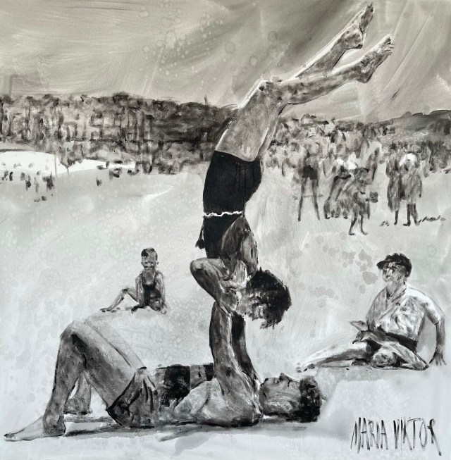 Monochromatic painting of a beach scene by famous South African artist and poet Maria Viktor from the Escapism Series.