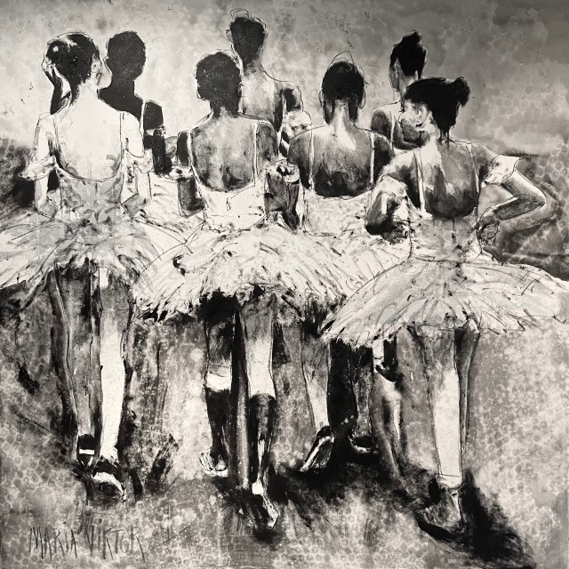 A monochrome painting of ballerinas in tutus and tekkies walking in a street by talented artist Maria Viktor